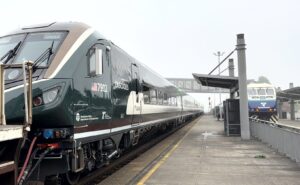 The Pacific Northwest Cascades Amtrak Airo as it pulls into the station.