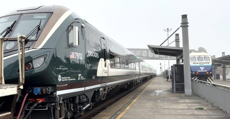 The Pacific Northwest Cascades Amtrak Airo as it pulls into the station.