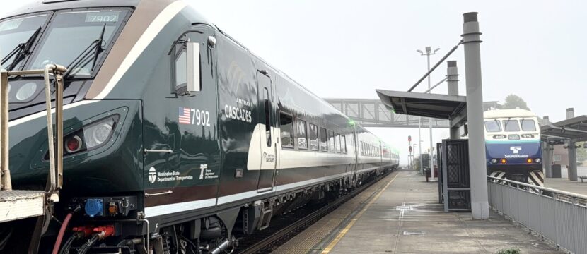 The Pacific Northwest Cascades Amtrak Airo as it pulls into the station.