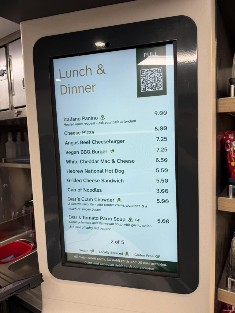 The menu of hot foods on the Airo trainset plying the Pacific Northwest Cascades route