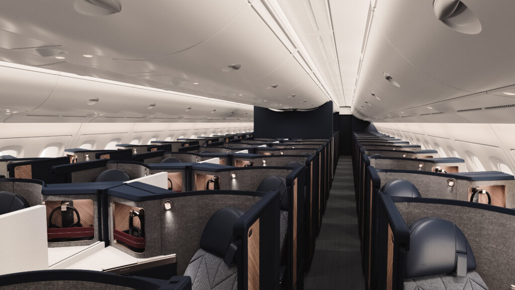 Cabin-wide show of Club World suites on the upper deck of the refitted British Airways A380