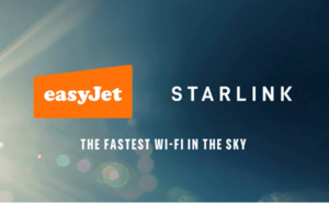 easyjet and Starlink logos on a blue background with a sunburst.
