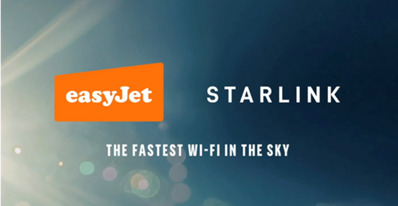 easyjet and Starlink logos on a blue background with a sunburst.