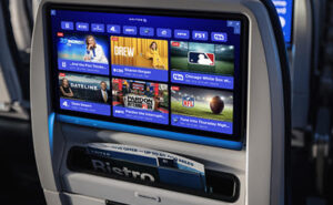 United Airlines seatback showing the DISH content for passengers.